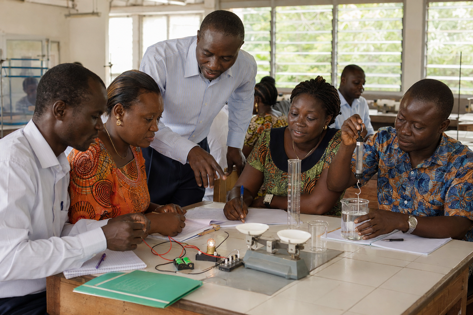 Enseignants réalisant une activité pratique de physique-chimie
